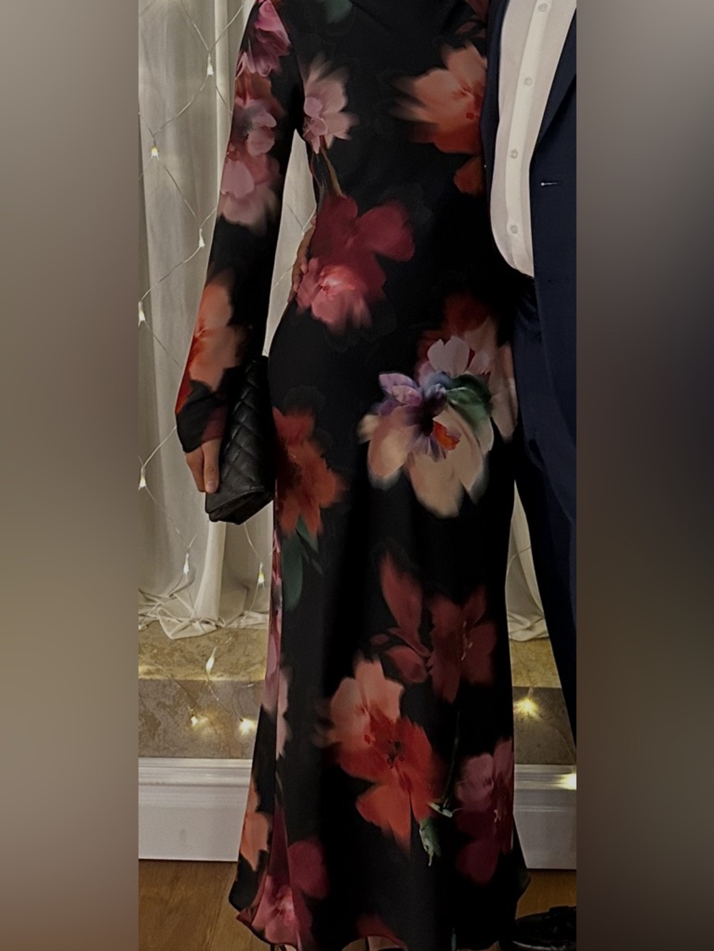 Mango Black Long-Sleeve Maxi Dress with Multicolor Floral Print